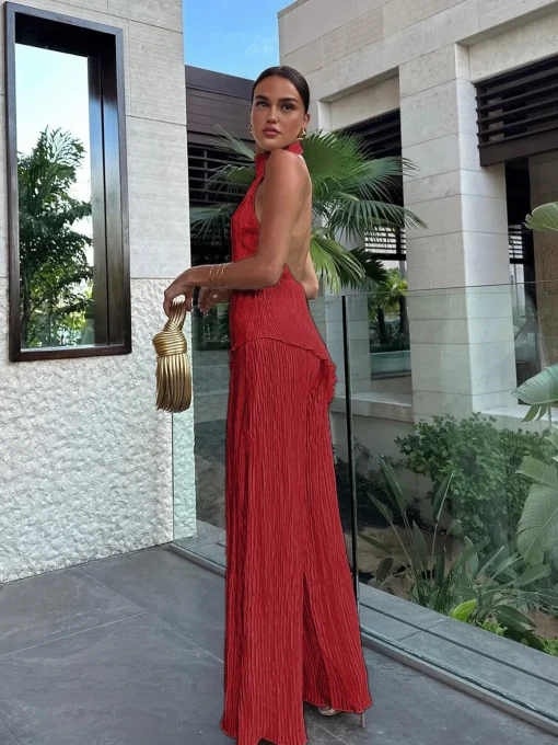 COMMENSE Pants Sets|Wide Leg^Asymmetric Halter Crop Top With Wide Leg Pants Set Champagne