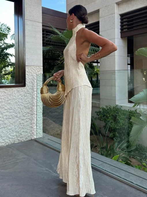 COMMENSE Pants Sets|Wide Leg^Asymmetric Halter Crop Top With Wide Leg Pants Set Champagne