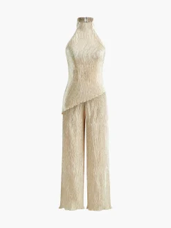 COMMENSE Pants Sets|Wide Leg^Asymmetric Halter Crop Top With Wide Leg Pants Set Champagne