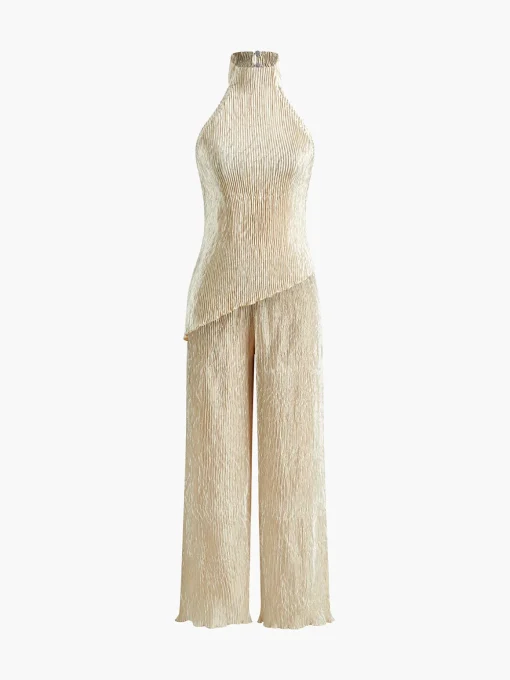 COMMENSE Pants Sets|Wide Leg^Asymmetric Halter Crop Top With Wide Leg Pants Set Champagne