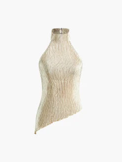 COMMENSE Pants Sets|Wide Leg^Asymmetric Halter Crop Top With Wide Leg Pants Set Champagne