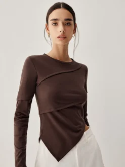 COMMENSE T-shirts|Tops^Asymmetric Hem Piping Long Sleeve Top Brown