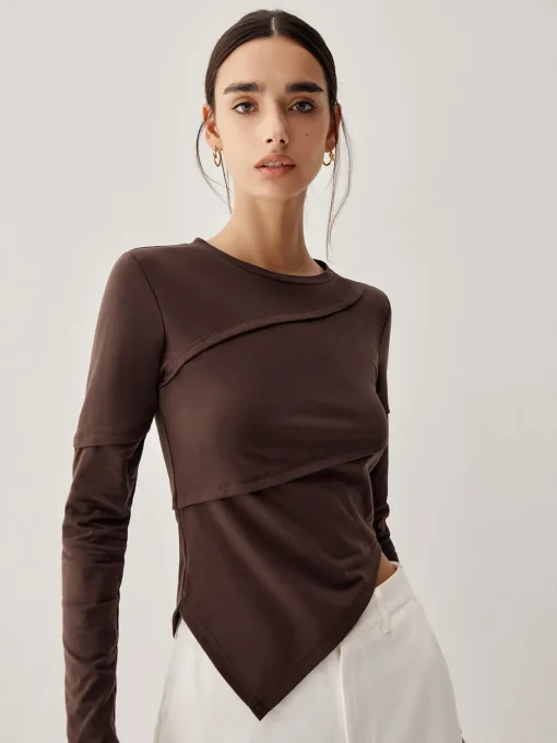 COMMENSE T-shirts|Tops^Asymmetric Hem Piping Long Sleeve Top Brown