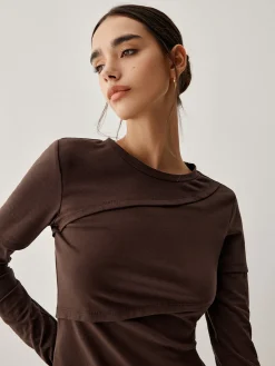 COMMENSE T-shirts|Tops^Asymmetric Hem Piping Long Sleeve Top Brown