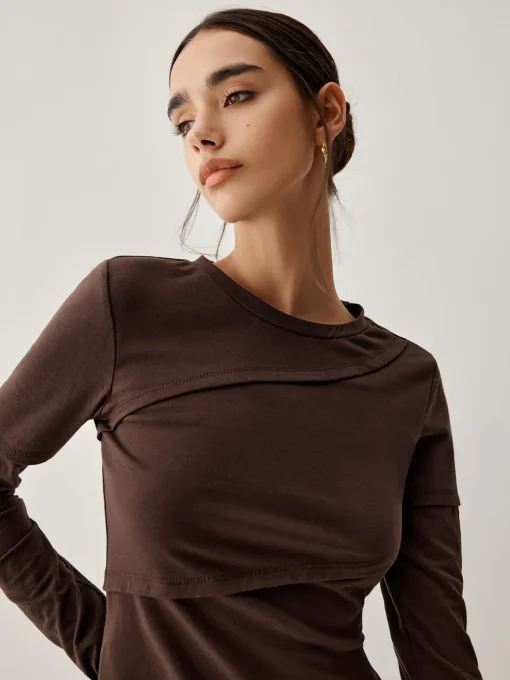 COMMENSE T-shirts|Tops^Asymmetric Hem Piping Long Sleeve Top Brown