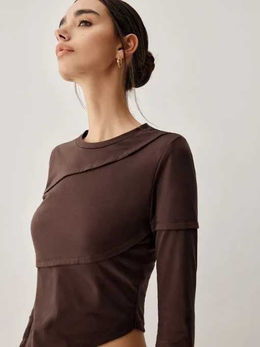 COMMENSE T-shirts|Tops^Asymmetric Hem Piping Long Sleeve Top Brown