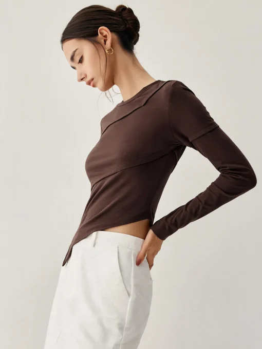 COMMENSE T-shirts|Tops^Asymmetric Hem Piping Long Sleeve Top Brown