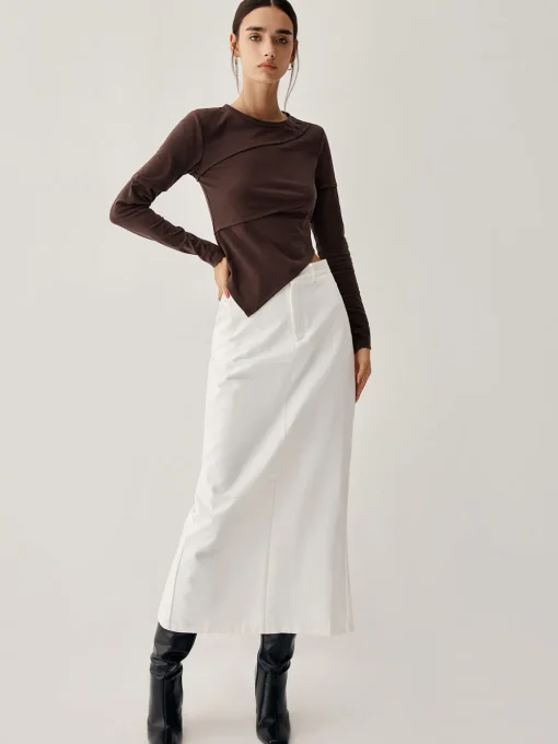 COMMENSE T-shirts|Tops^Asymmetric Hem Piping Long Sleeve Top Brown