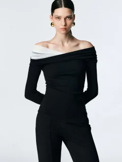 COMMENSE T-shirts|Tops^Asymmetric Off Shoulder Long Sleeve Mesh Top Black