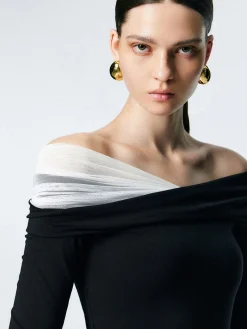 COMMENSE T-shirts|Tops^Asymmetric Off Shoulder Long Sleeve Mesh Top Black