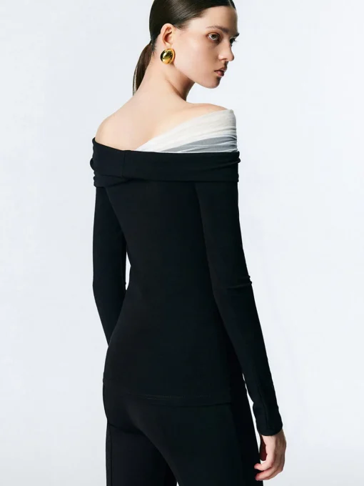 COMMENSE T-shirts|Tops^Asymmetric Off Shoulder Long Sleeve Mesh Top Black