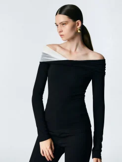 COMMENSE T-shirts|Tops^Asymmetric Off Shoulder Long Sleeve Mesh Top Black