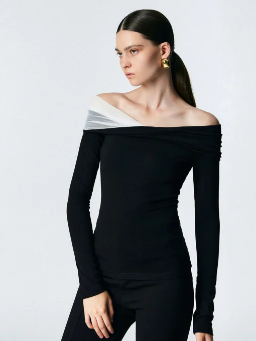 COMMENSE T-shirts|Tops^Asymmetric Off Shoulder Long Sleeve Mesh Top Black
