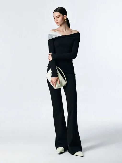 COMMENSE T-shirts|Tops^Asymmetric Off Shoulder Long Sleeve Mesh Top Black