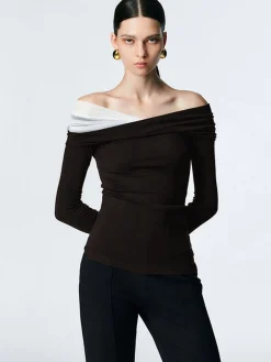 COMMENSE T-shirts|Tops^Asymmetric Off Shoulder Long Sleeve Mesh Top Black