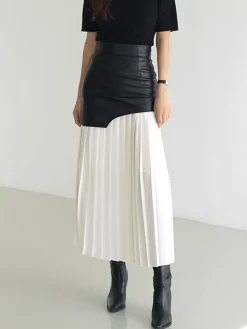COMMENSE Skirts|Bottoms^Asymmetric Patchwork Faux Leather Chiffon Pleated Midi Skirt White