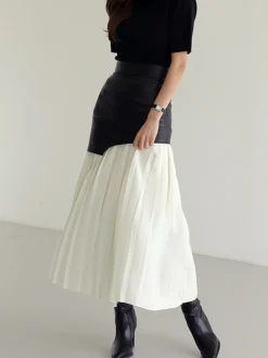 COMMENSE Skirts|Bottoms^Asymmetric Patchwork Faux Leather Chiffon Pleated Midi Skirt White
