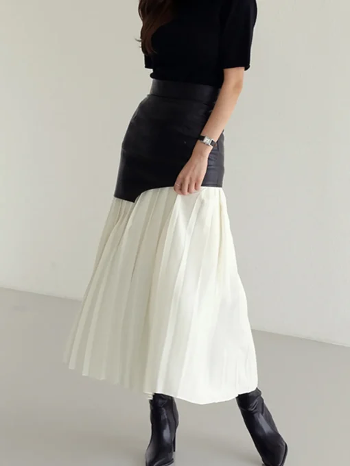 COMMENSE Skirts|Bottoms^Asymmetric Patchwork Faux Leather Chiffon Pleated Midi Skirt White