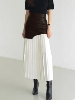 COMMENSE Skirts|Bottoms^Asymmetric Patchwork Faux Leather Chiffon Pleated Midi Skirt White