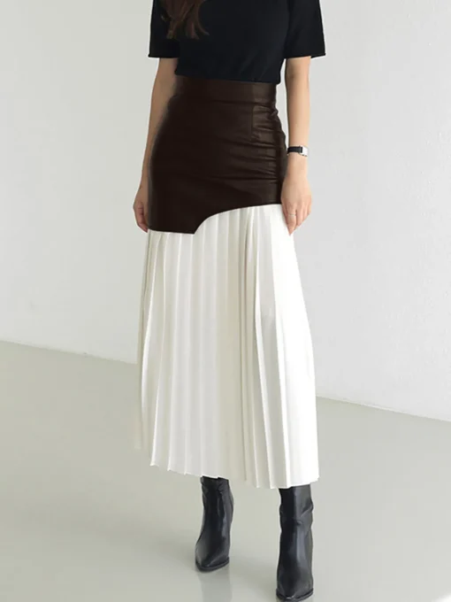 COMMENSE Skirts|Bottoms^Asymmetric Patchwork Faux Leather Chiffon Pleated Midi Skirt White