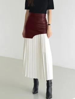 COMMENSE Skirts|Bottoms^Asymmetric Patchwork Faux Leather Chiffon Pleated Midi Skirt White
