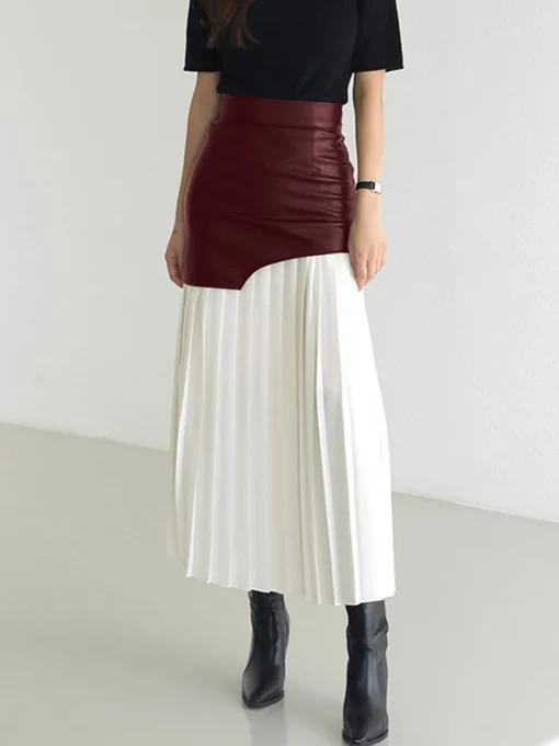COMMENSE Skirts|Bottoms^Asymmetric Patchwork Faux Leather Chiffon Pleated Midi Skirt White