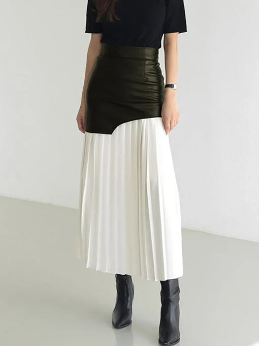 COMMENSE Skirts|Bottoms^Asymmetric Patchwork Faux Leather Chiffon Pleated Midi Skirt White