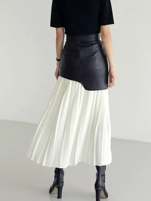 COMMENSE Skirts|Bottoms^Asymmetric Patchwork Faux Leather Chiffon Pleated Midi Skirt White