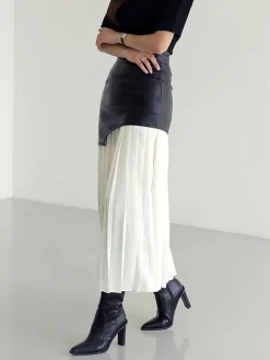 COMMENSE Skirts|Bottoms^Asymmetric Patchwork Faux Leather Chiffon Pleated Midi Skirt White