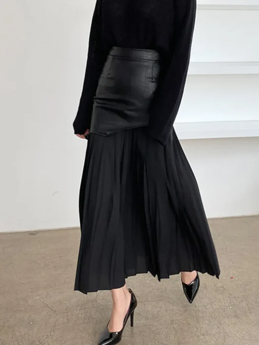 COMMENSE Skirts|Bottoms^Asymmetric Patchwork Faux Leather Chiffon Pleated Midi Skirt White