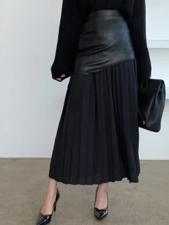 COMMENSE Skirts|Bottoms^Asymmetric Patchwork Faux Leather Chiffon Pleated Midi Skirt White
