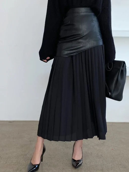 COMMENSE Skirts|Bottoms^Asymmetric Patchwork Faux Leather Chiffon Pleated Midi Skirt White