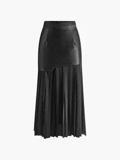 COMMENSE Skirts|Bottoms^Asymmetric Patchwork Faux Leather Chiffon Pleated Midi Skirt White