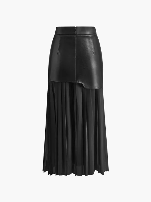 COMMENSE Skirts|Bottoms^Asymmetric Patchwork Faux Leather Chiffon Pleated Midi Skirt White
