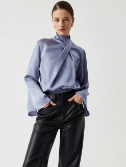COMMENSE Blouses & Shirts|Tops^Asymmetric Pleated Turtleneck Satin Shirt Grey