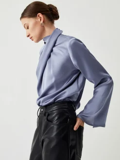 COMMENSE Blouses & Shirts|Tops^Asymmetric Pleated Turtleneck Satin Shirt Grey