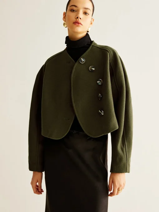 COMMENSE Outerwear|Crop Tops^Asymmetrical Button Crop Tweed Coat Green