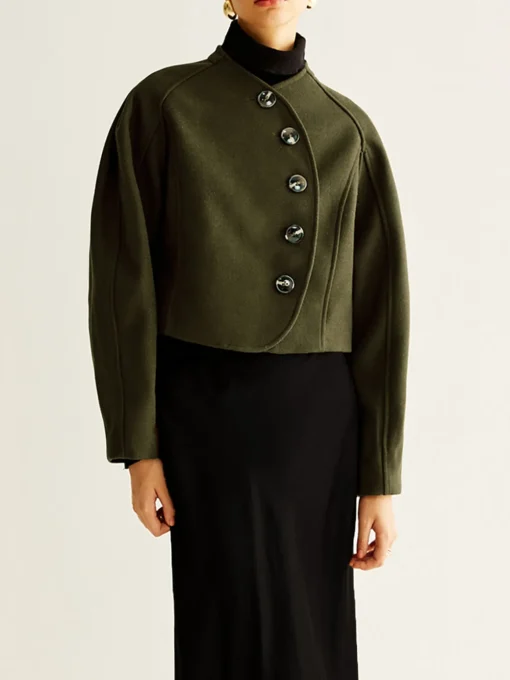 COMMENSE Outerwear|Crop Tops^Asymmetrical Button Crop Tweed Coat Green
