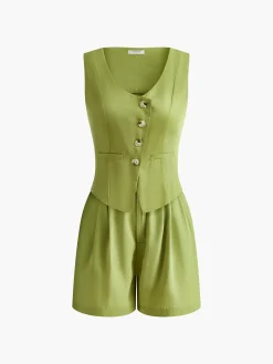 COMMENSE Matching Sets^Asymmetrical Button Pleated Shorts Set Green