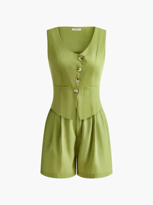 COMMENSE Matching Sets^Asymmetrical Button Pleated Shorts Set Green