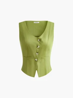 COMMENSE Matching Sets^Asymmetrical Button Pleated Shorts Set Green