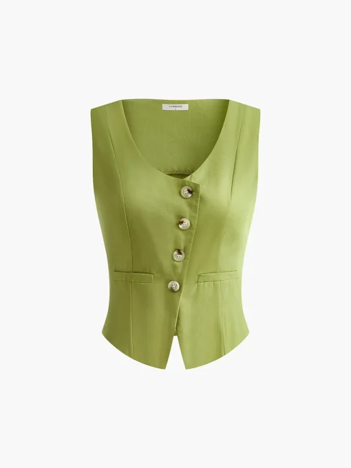 COMMENSE Matching Sets^Asymmetrical Button Pleated Shorts Set Green