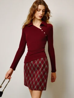 COMMENSE Tops^Asymmetrical Button Skinny Polo Blouse Burgundy