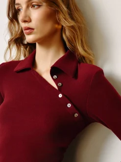 COMMENSE Tops^Asymmetrical Button Skinny Polo Blouse Burgundy