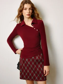 COMMENSE Tops^Asymmetrical Button Skinny Polo Blouse Burgundy