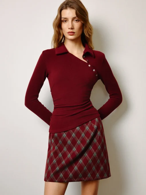 COMMENSE Tops^Asymmetrical Button Skinny Polo Blouse Burgundy