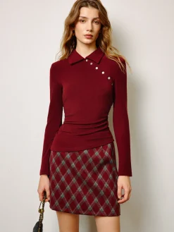 COMMENSE Tops^Asymmetrical Button Skinny Polo Blouse Burgundy