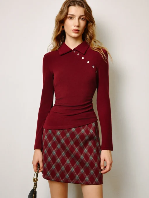 COMMENSE Tops^Asymmetrical Button Skinny Polo Blouse Burgundy