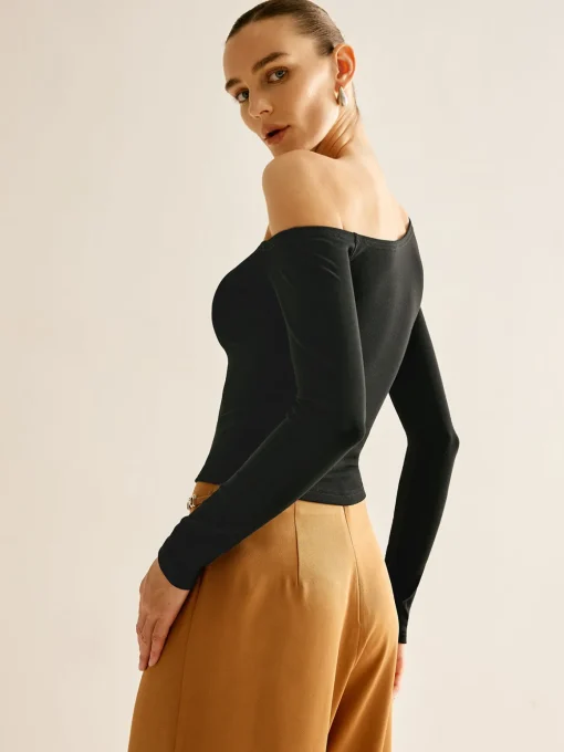 COMMENSE T-shirts|Tops^Asymmetrical Cold Shoulder Jersey T-Shirt Black