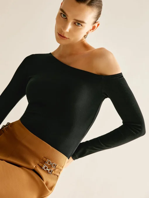 COMMENSE T-shirts|Tops^Asymmetrical Cold Shoulder Jersey T-Shirt Black